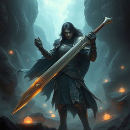 A human fantasy sword fighter with dark hair and dark skin, standing confidently amidst a mystical landscape