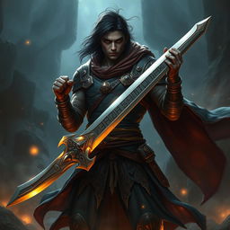 A human fantasy sword fighter with dark hair and dark skin, standing confidently amidst a mystical landscape