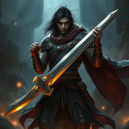 A human fantasy sword fighter with dark hair and dark skin, standing confidently amidst a mystical landscape