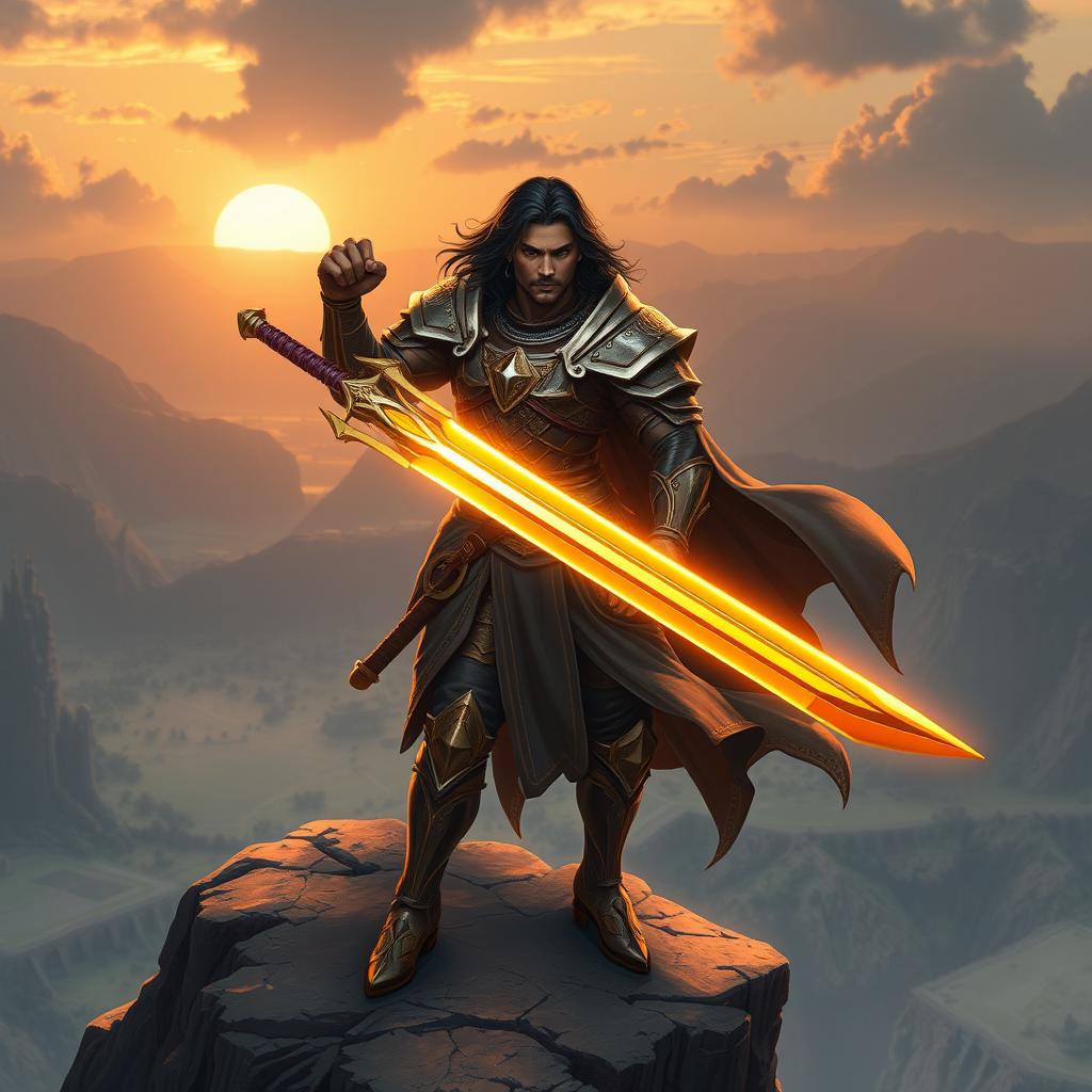 A heroic human fantasy sword fighter with dark hair and dark skin