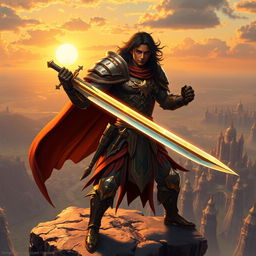 A heroic human fantasy sword fighter with dark hair and dark skin