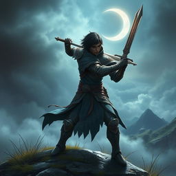 A human fantasy hero sword fighter with short dark hair and dark skin, poised in a heroic stance