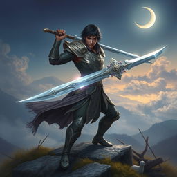 A human fantasy hero sword fighter with short dark hair and dark skin, poised in a heroic stance