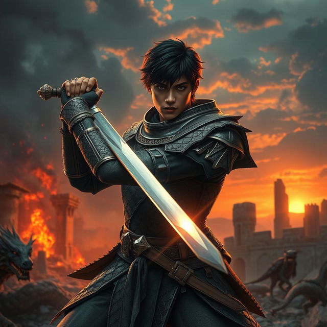 A human fantasy hero sword fighter with short dark hair and dark skin, caught in a dynamic pose amidst a mythical battlefield