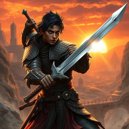 A human fantasy hero sword fighter with short dark hair and dark skin, caught in a dynamic pose amidst a mythical battlefield