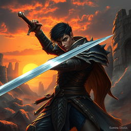 A human fantasy hero sword fighter with short dark hair and dark skin, caught in a dynamic pose amidst a mythical battlefield