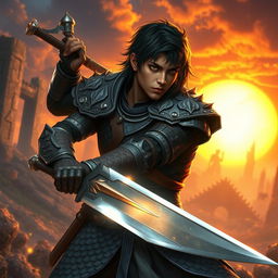 A human fantasy hero sword fighter with short dark hair and dark skin, caught in a dynamic pose amidst a mythical battlefield