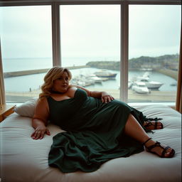 A 40-year-old curvy, chubby blonde woman laying seductively on a king-size bed in a hotel room