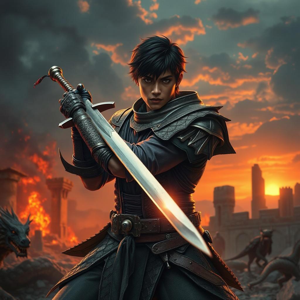 A human fantasy hero sword fighter with short dark hair and dark skin, captured in a powerful pose