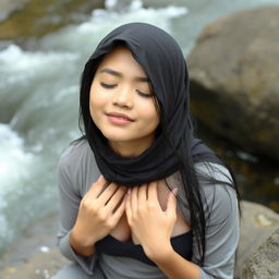 An 18-year-old Indonesian girl with smooth white skin, long black hair, and an oval face is sitting blissfully on the rocks of a flowing river