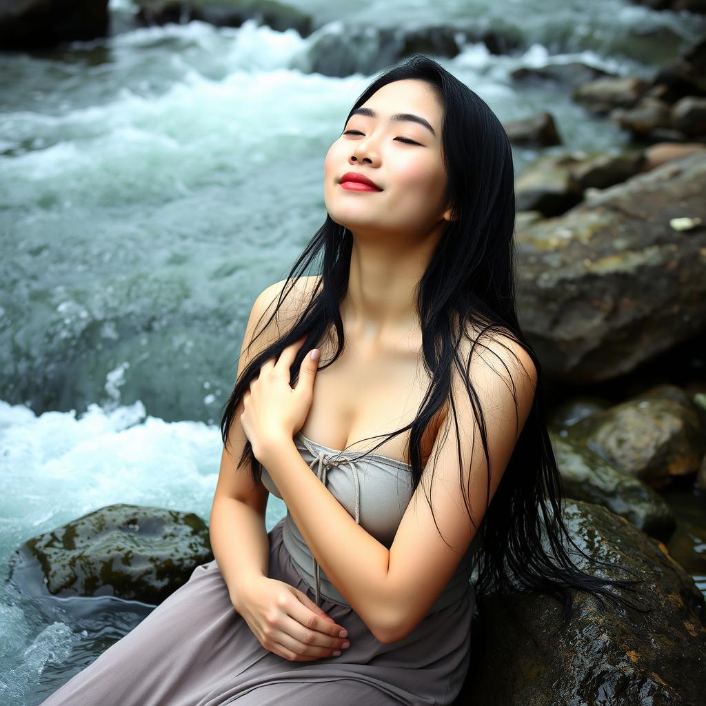 An 18-year-old Indonesian girl with smooth white skin, long black hair, and an oval face is sitting blissfully on the rocks of a flowing river