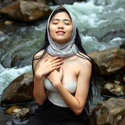 An 18-year-old Indonesian girl with smooth white skin, long black hair, and an oval face is sitting blissfully on the rocks of a flowing river