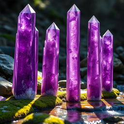 A captivating close-up of tall amethyst pillars on display in a natural setting, showcasing their deep violet hues and intricate crystal formations