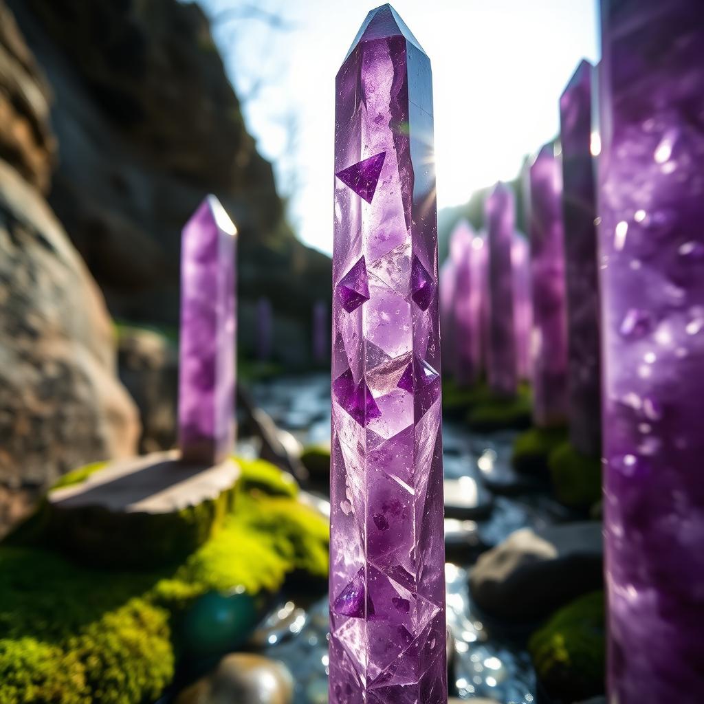 A captivating close-up of tall amethyst pillars on display in a natural setting, showcasing their deep violet hues and intricate crystal formations