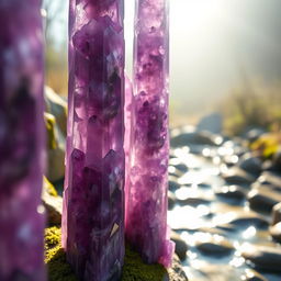 A captivating close-up of tall amethyst pillars on display in a natural setting, showcasing their deep violet hues and intricate crystal formations