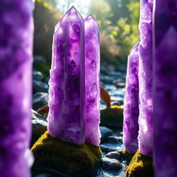 A captivating close-up of tall amethyst pillars on display in a natural setting, showcasing their deep violet hues and intricate crystal formations