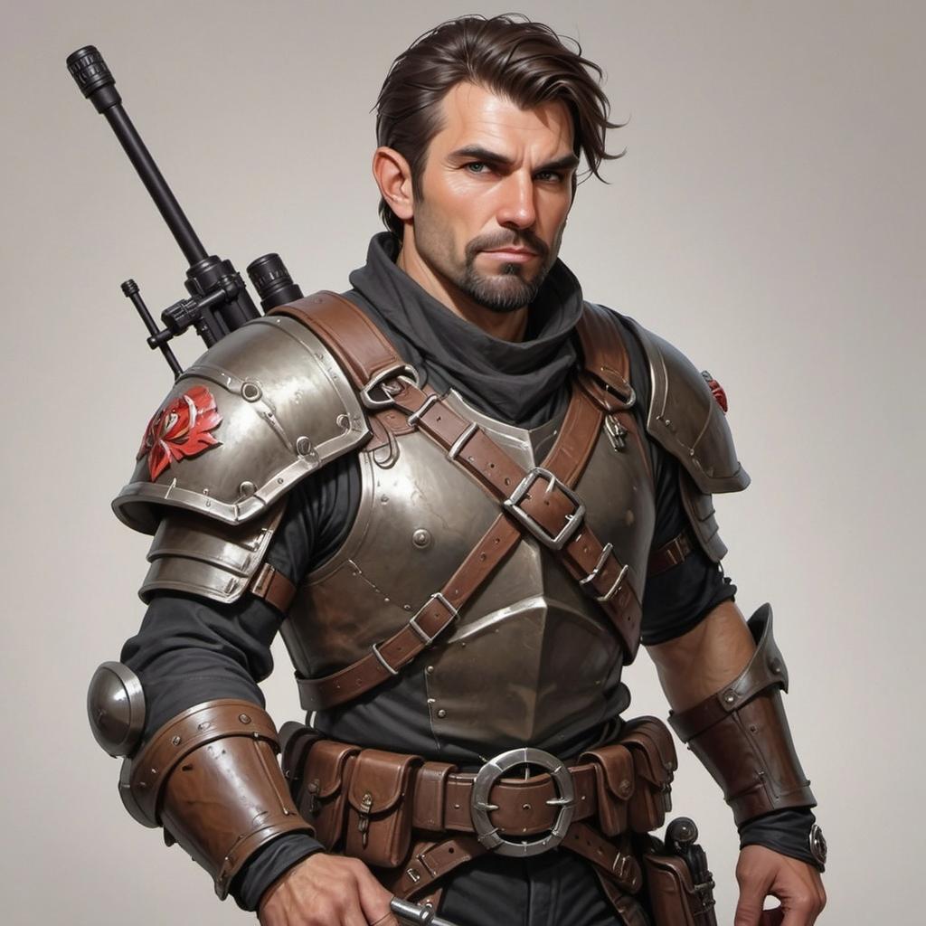 A rugged, battle-hardened male warrior in futuristic armor