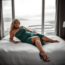 A 40-year-old curvy, chubby blonde woman laying seductively on a king-size bed in a hotel room