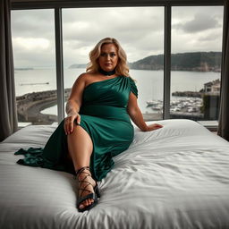 A 40-year-old curvy, chubby blonde woman laying seductively on a king-size bed in a hotel room