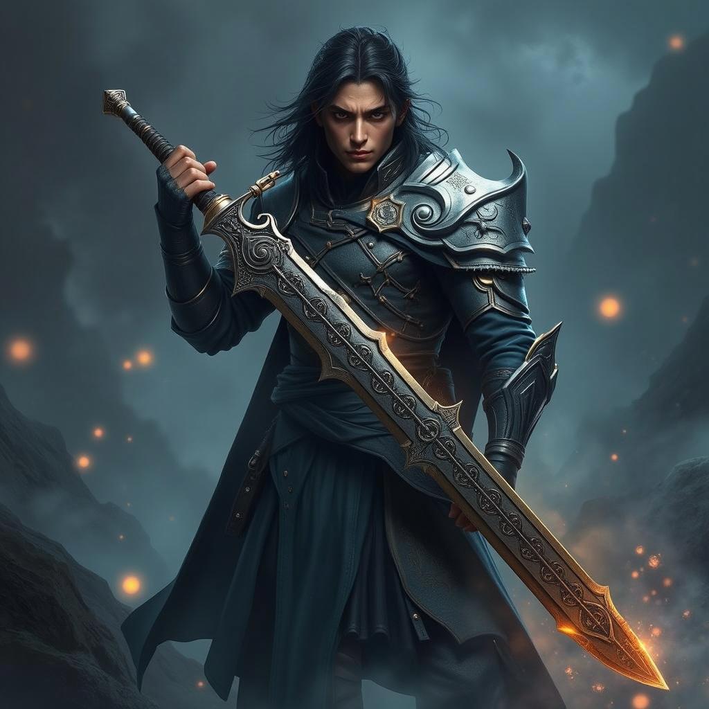 A human fantasy hero sword fighter with long dark hair and dark skin, clad in ornate enchanted armor