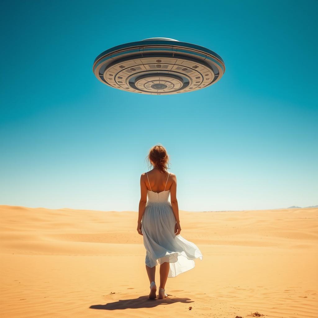 A woman stands in the middle of an expansive desert, gazing at a mysterious UFO hovering in the clear blue sky in the distance