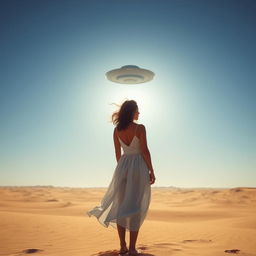 A woman stands in the middle of an expansive desert, gazing at a mysterious UFO hovering in the clear blue sky in the distance