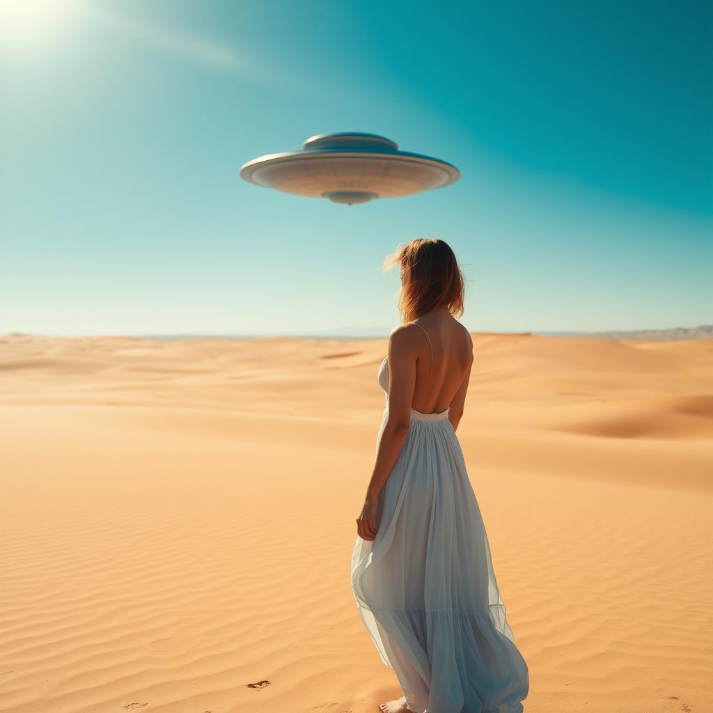 A woman stands in the middle of an expansive desert, gazing at a mysterious UFO hovering in the clear blue sky in the distance