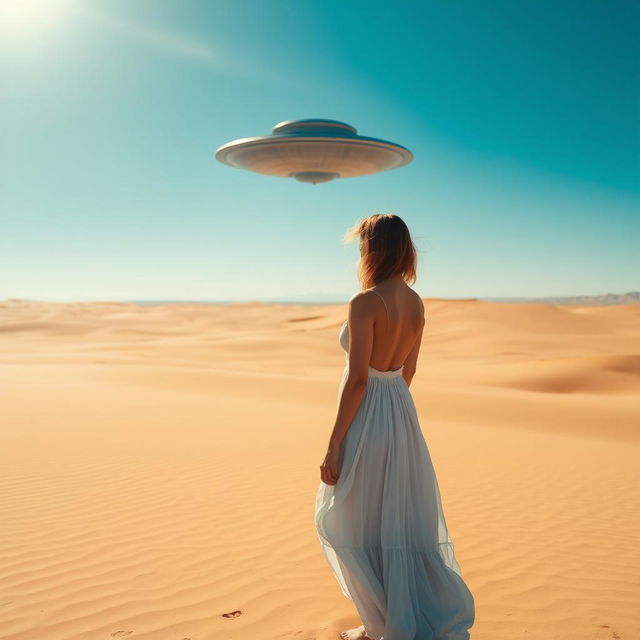 A woman stands in the middle of an expansive desert, gazing at a mysterious UFO hovering in the clear blue sky in the distance