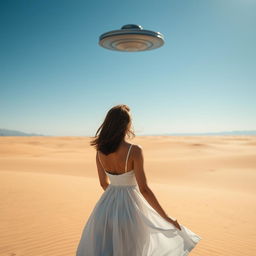 A woman stands in the middle of an expansive desert, gazing at a mysterious UFO hovering in the clear blue sky in the distance