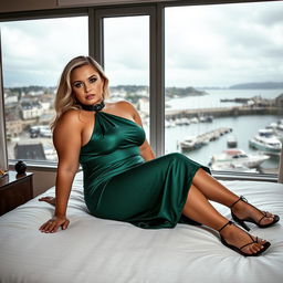 A 40-year-old curvy, chubby blonde woman laying seductively on a king-size bed in a hotel room