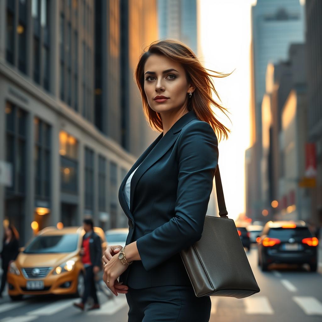 a strong and confident woman standing in a bustling city street, wearing a stylish business suit