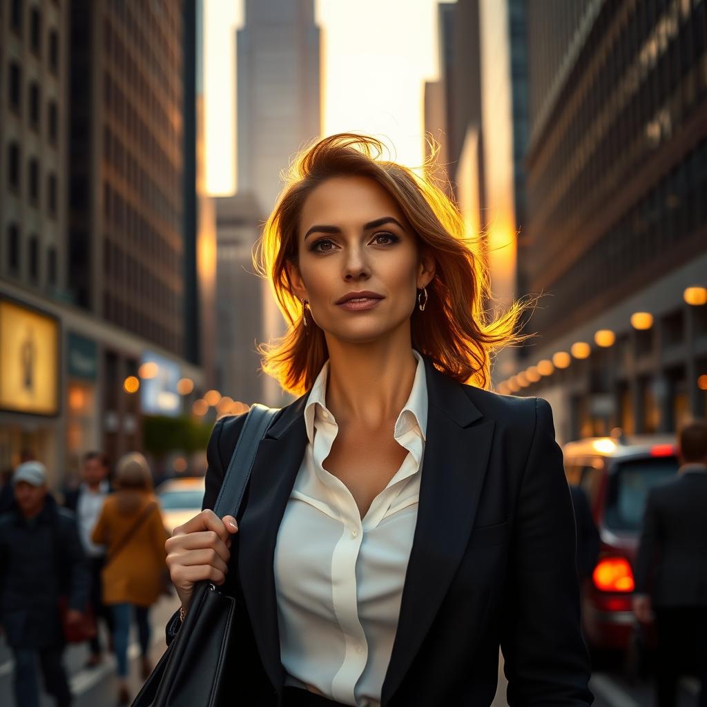 a strong and confident woman standing in a bustling city street, wearing a stylish business suit