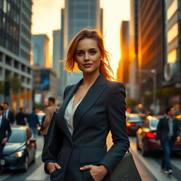 a strong and confident woman standing in a bustling city street, wearing a stylish business suit