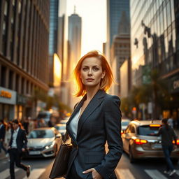 a strong and confident woman standing in a bustling city street, wearing a stylish business suit