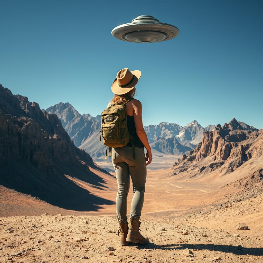 A woman in rugged hiking gear stands in a breathtaking mountainous desert, her gaze fixed on a distant UFO hovering above the rocky peaks