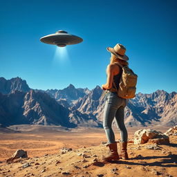 A woman in rugged hiking gear stands in a breathtaking mountainous desert, her gaze fixed on a distant UFO hovering above the rocky peaks