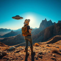 A woman in rugged hiking gear stands in a breathtaking mountainous desert, her gaze fixed on a distant UFO hovering above the rocky peaks