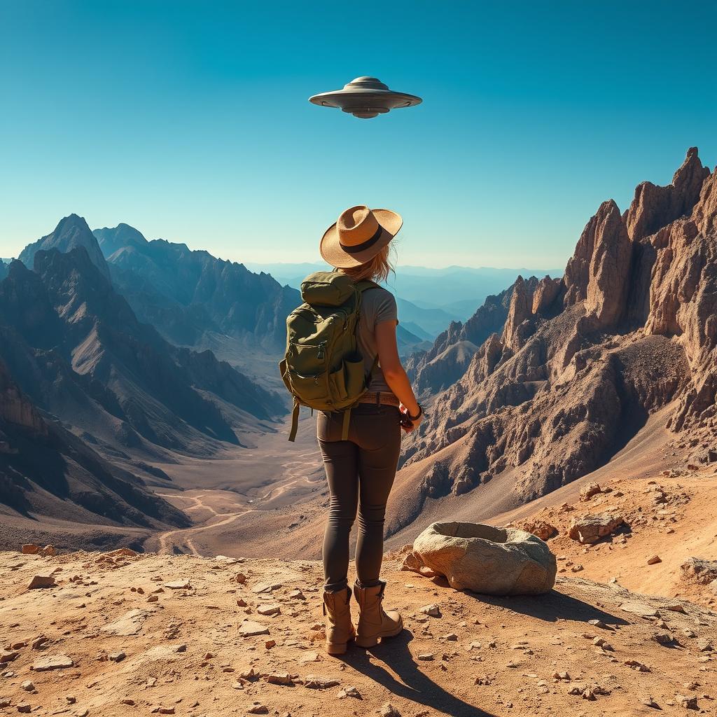 A woman in rugged hiking gear stands in a breathtaking mountainous desert, her gaze fixed on a distant UFO hovering above the rocky peaks