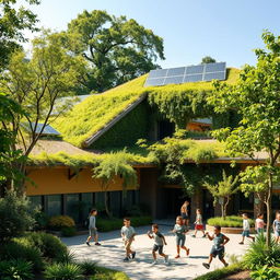 A beautiful green school surrounded by lush foliage and trees, with students happily playing in the sunlit schoolyard