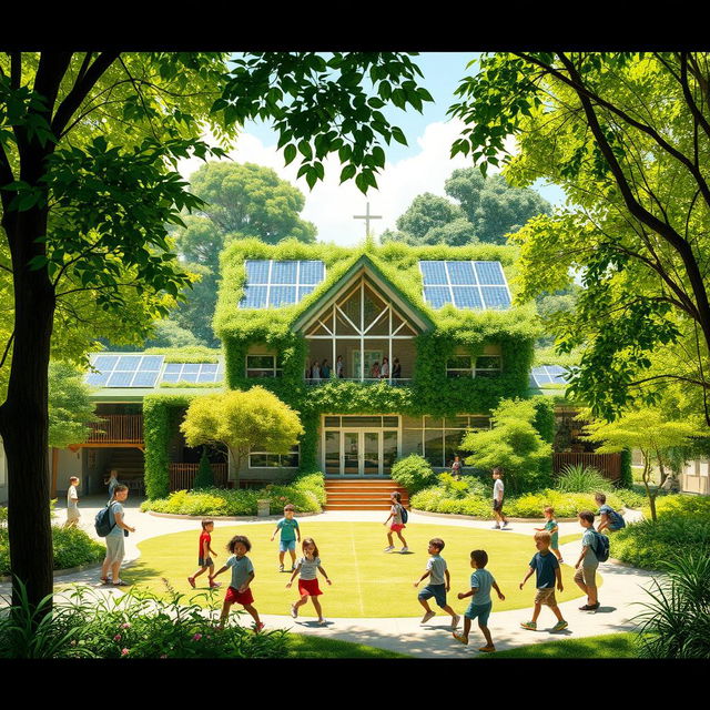 A beautiful green school surrounded by lush foliage and trees, with students happily playing in the sunlit schoolyard