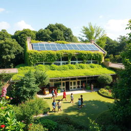 A beautiful green school surrounded by lush foliage and trees, with students happily playing in the sunlit schoolyard