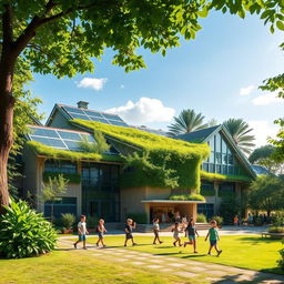 A beautiful green school surrounded by lush foliage and trees, with students happily playing in the sunlit schoolyard