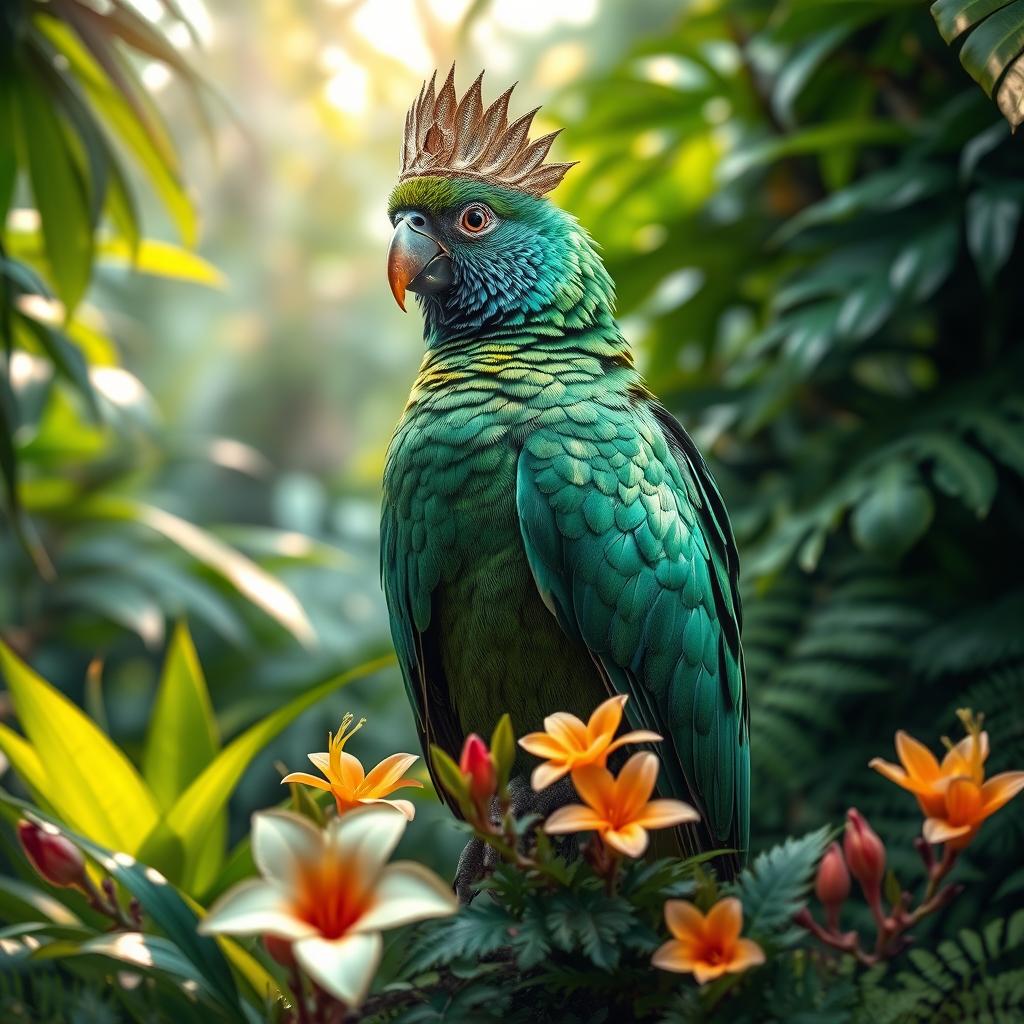 A regal bird perched amidst lush rainforest foliage, showcasing its elegant and vibrant plumage with a majestic demeanor