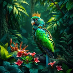 A regal bird perched amidst lush rainforest foliage, showcasing its elegant and vibrant plumage with a majestic demeanor