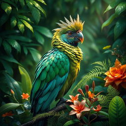 A regal bird perched amidst lush rainforest foliage, showcasing its elegant and vibrant plumage with a majestic demeanor