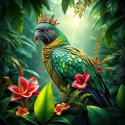 A regal bird perched amidst lush rainforest foliage, showcasing its elegant and vibrant plumage with a majestic demeanor