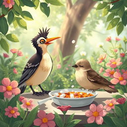 A whimsical illustration depicting Myna, a clever bird, mixing sleeping pills into food while mischievously observing a Sparrow