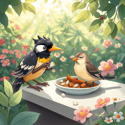 A whimsical illustration depicting Myna, a clever bird, mixing sleeping pills into food while mischievously observing a Sparrow