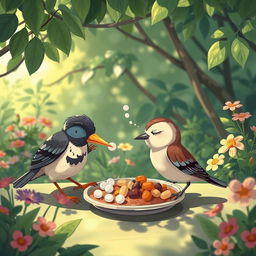 A whimsical illustration depicting Myna, a clever bird, mixing sleeping pills into food while mischievously observing a Sparrow