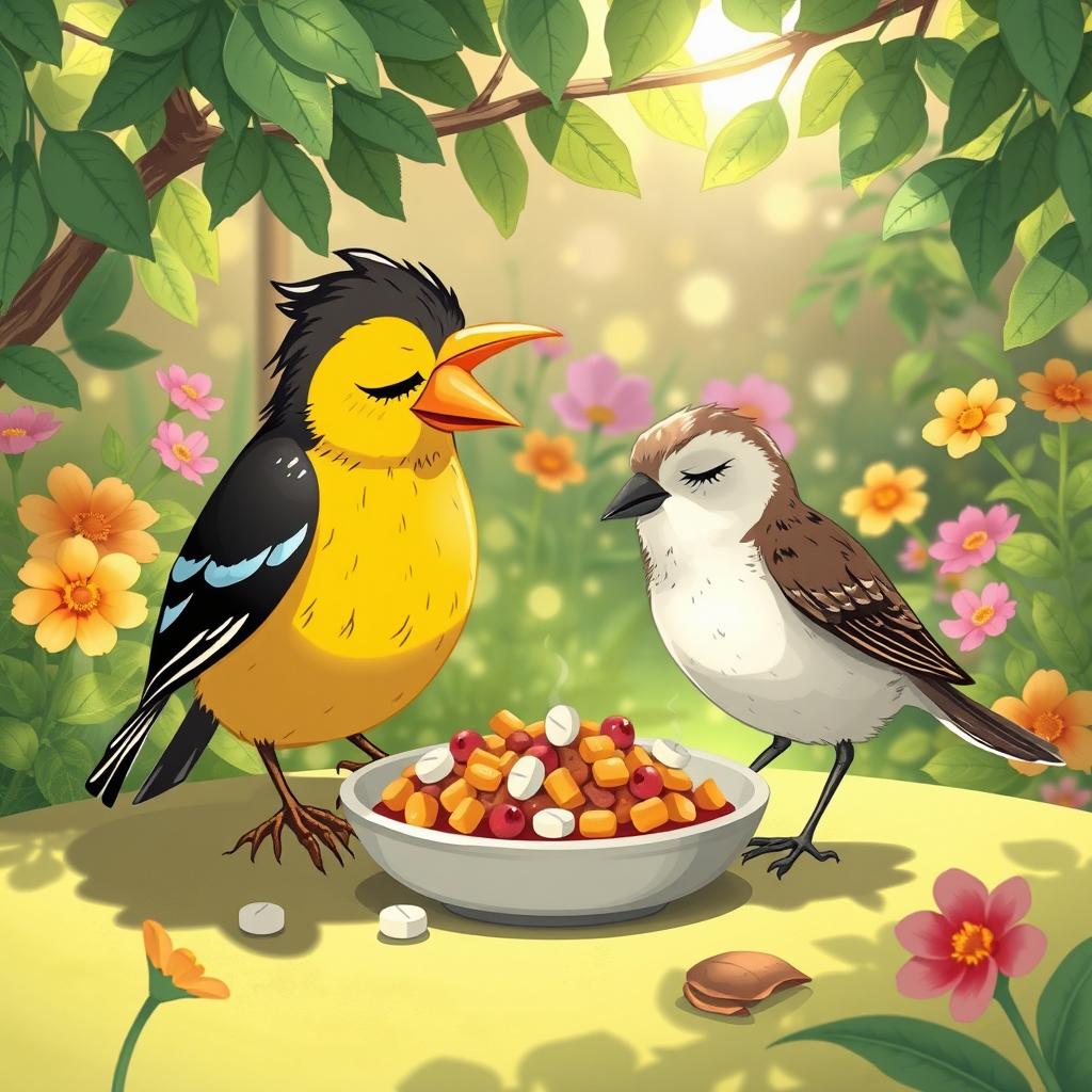 A whimsical illustration depicting Myna, a clever bird, mixing sleeping pills into food while mischievously observing a Sparrow